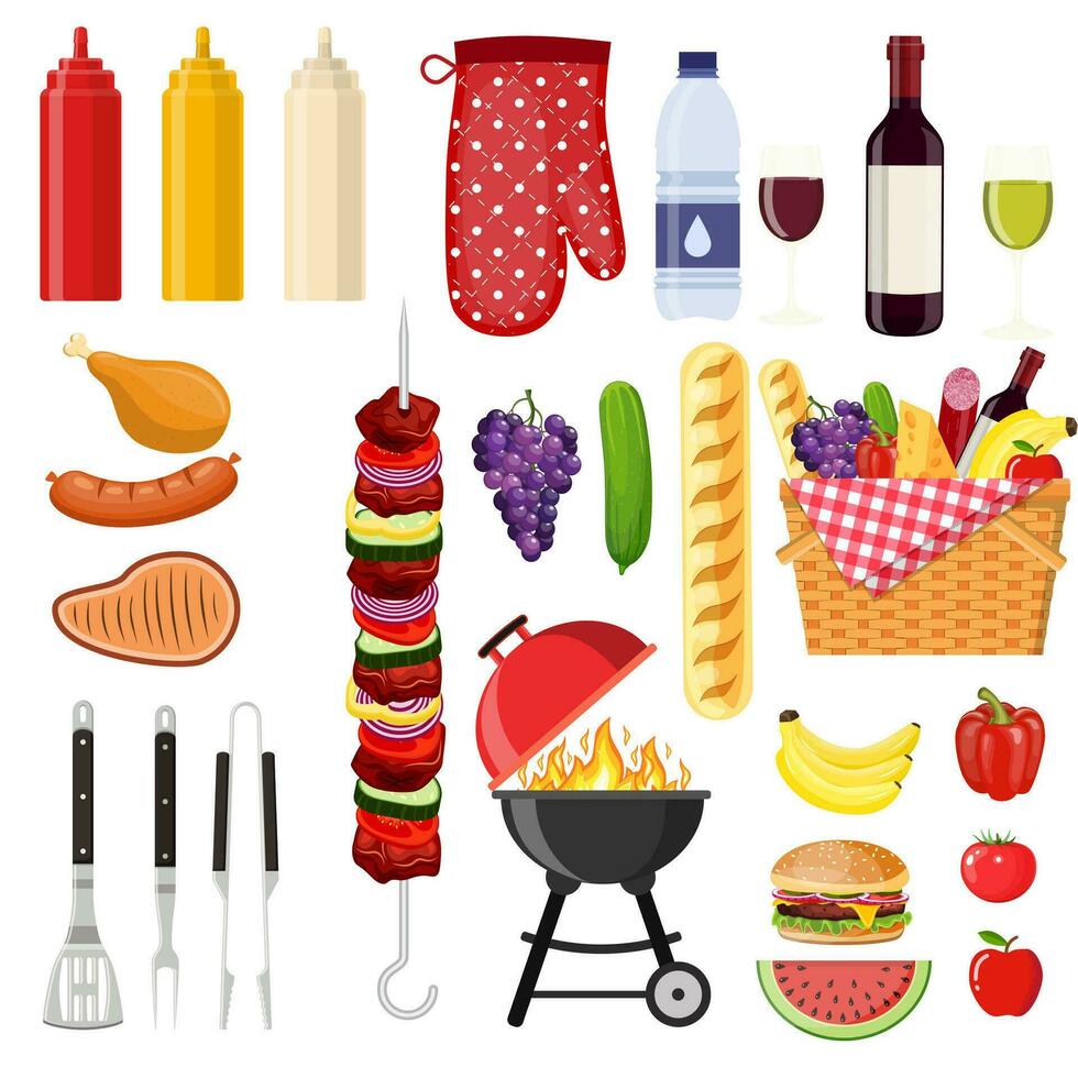 Different special tools and food for barbecue party. Grilled vegetables, meat, steak and sausage. Vector illustration in flat style