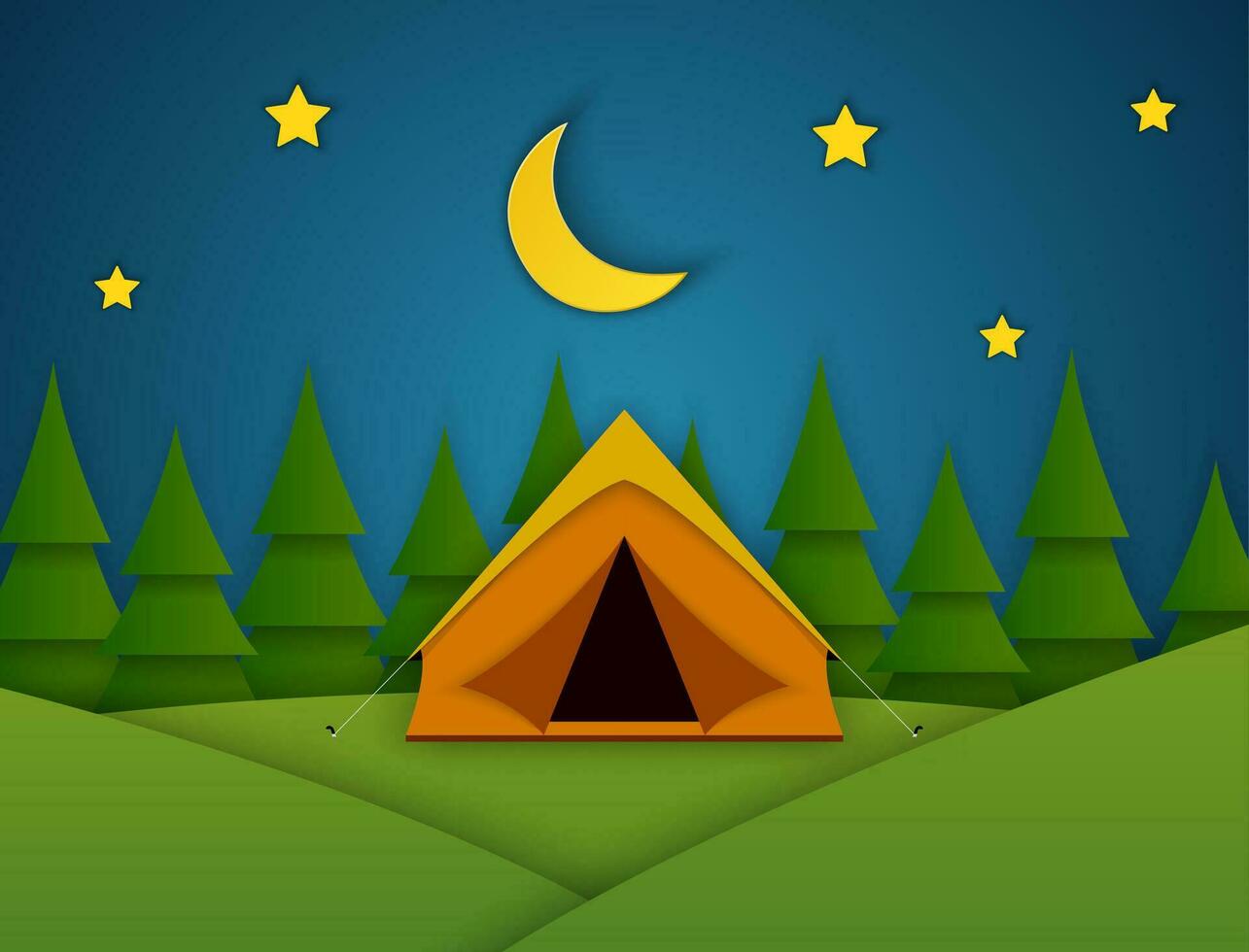 Paper cut summer night landsape. Landscape with yellow tent, forest on the background. Adventures in nature, vacation, and tourism vector illustration.