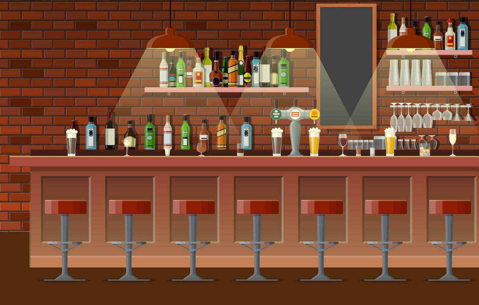 Drinking establishment. Interior of pub, cafe or bar. Bar counter, chairs and shelves with alcohol bottles. Glasses, tv, dart, fridge and lamp. Wooden decor. Vector illustration in flat style