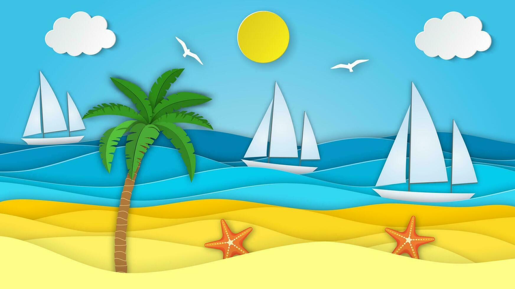 Sea landscape with beach, waves, clouds. Sailboat in the sea. Paper cut out digital craft style. abstract blue sea and beach summer background with paper waves and seacoast. Vector illustration
