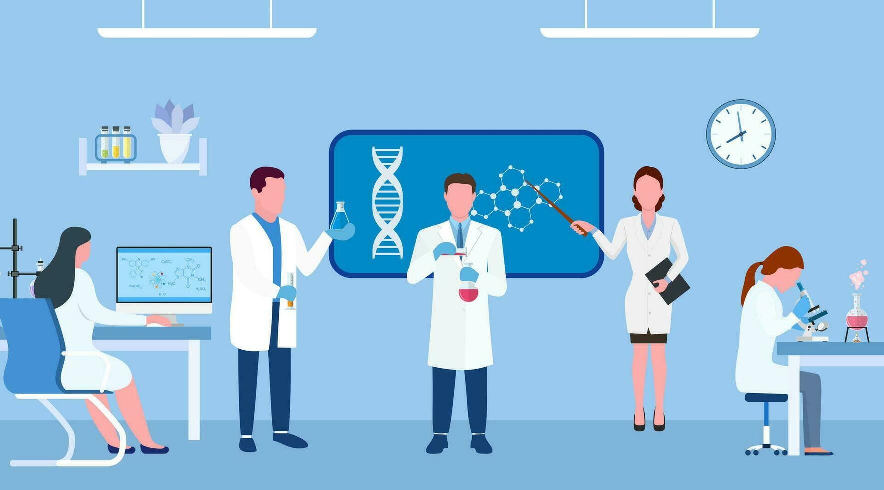 Scientists in lab. Scientist people wearing lab coats, science researches and chemical laboratory experiments. Chemistry laboratories, microbiology research. Vector illustration in flat style.