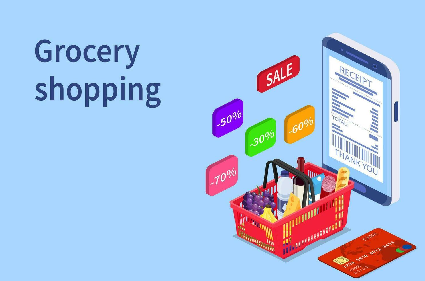 Grocery shopping online isometric concept. Can use for web banner, infographics. Vector illustration in flat style