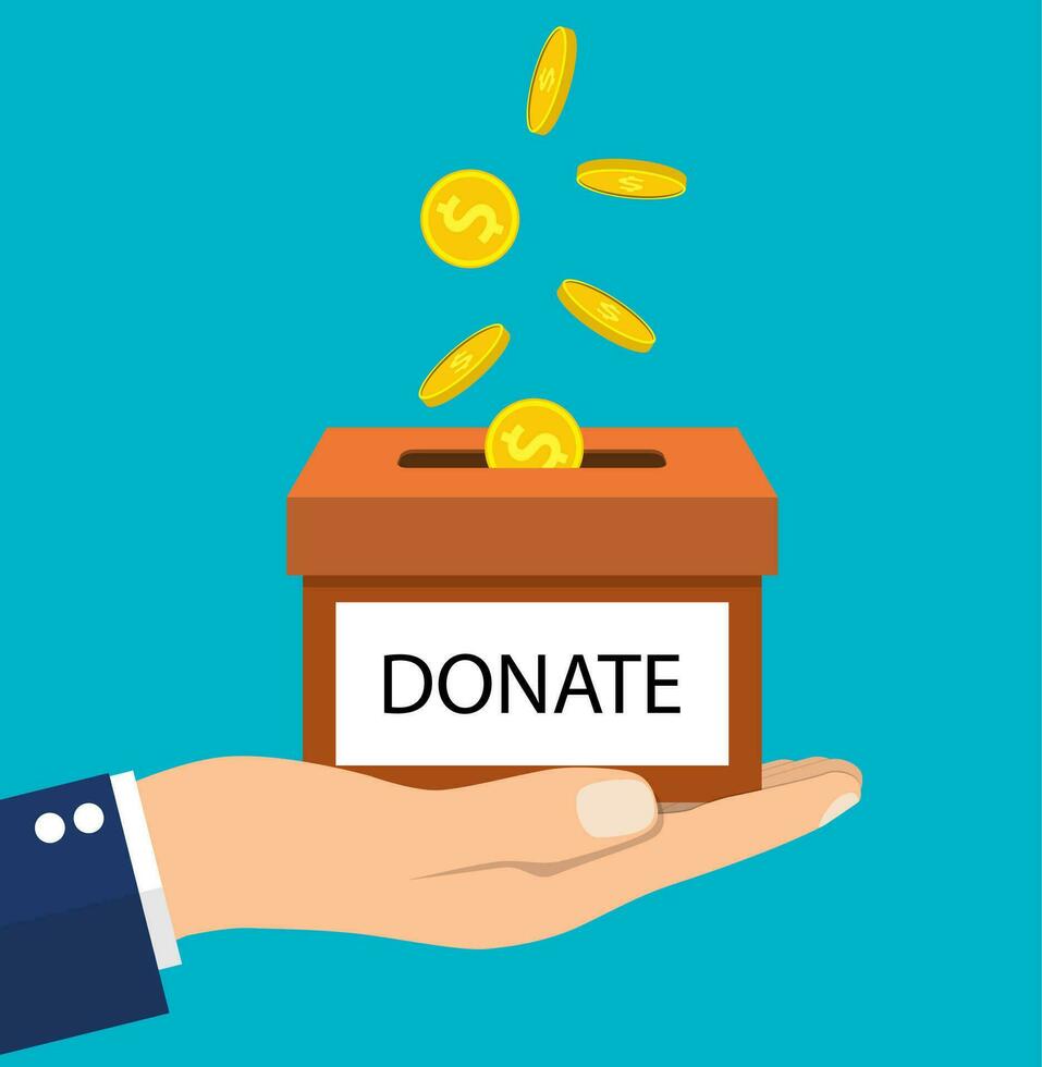 donation concept. Donate money with box Business, finance. coins depositing in a carton box. Vector illustration in flat style