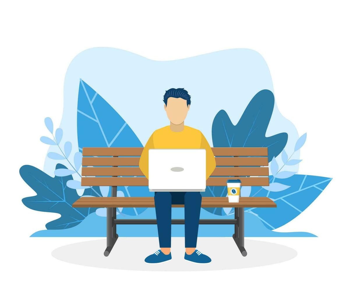 man with laptop sitting on the bench in nature with crossed legs. Freelance or studying concept. web page design template for online education, training. Vector illustration in flat style