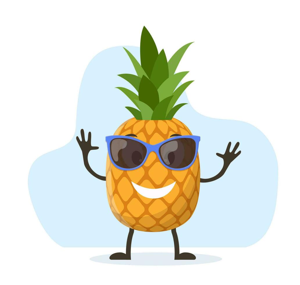 Cute and funny pineapple character with sunglasses. Colorful summer design. Vector illustration in flat style