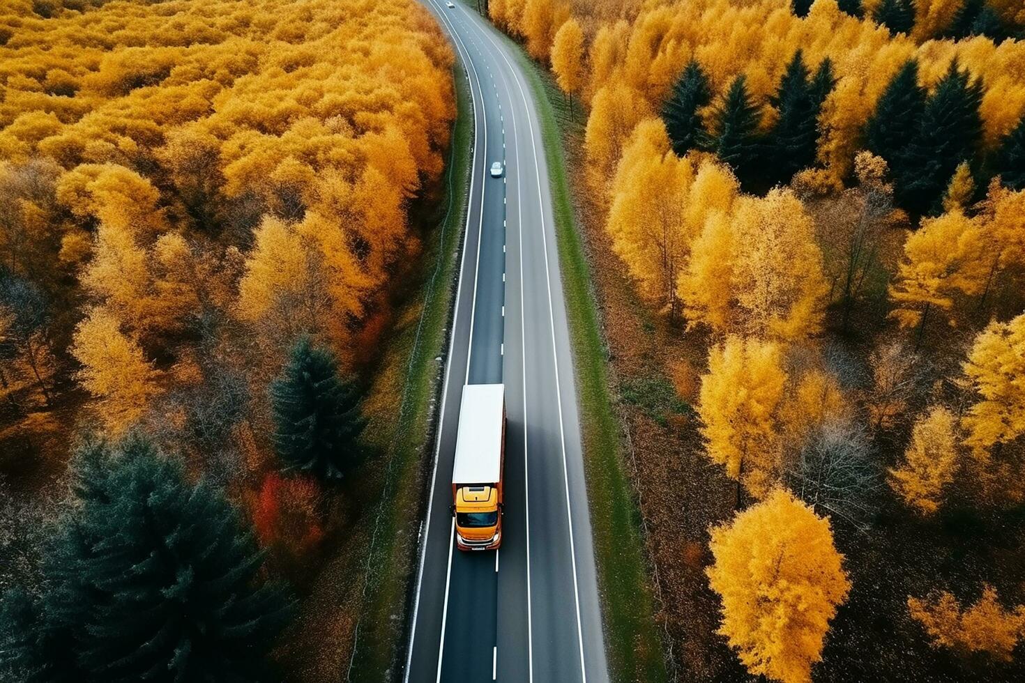 AI generated Arial view of heavy truck on a narrow twisting road. Autumn colorful trees by the sides of the road. photo