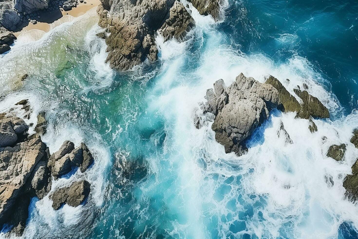 AI generated Aerial view of road, rocky sea coast with waves and stones at sunset Landscape with beautiful road, transparent blue water, rocks. Top view from drone of highway in summer photo