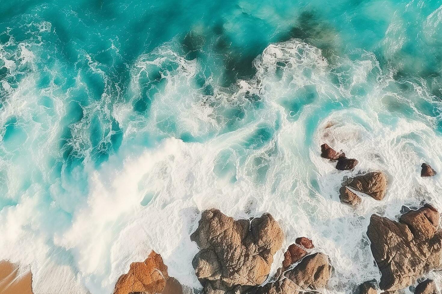 AI generated Aerial view of road, rocky sea coast with waves and stones at sunset Landscape with beautiful road, transparent blue water, rocks. Top view from drone of highway in summer photo