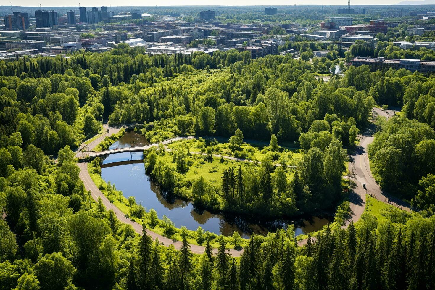 AI generated drone aerial birds eye view of a large green grass forest with tall trees and a big blue bendy river flowing through the forest photo