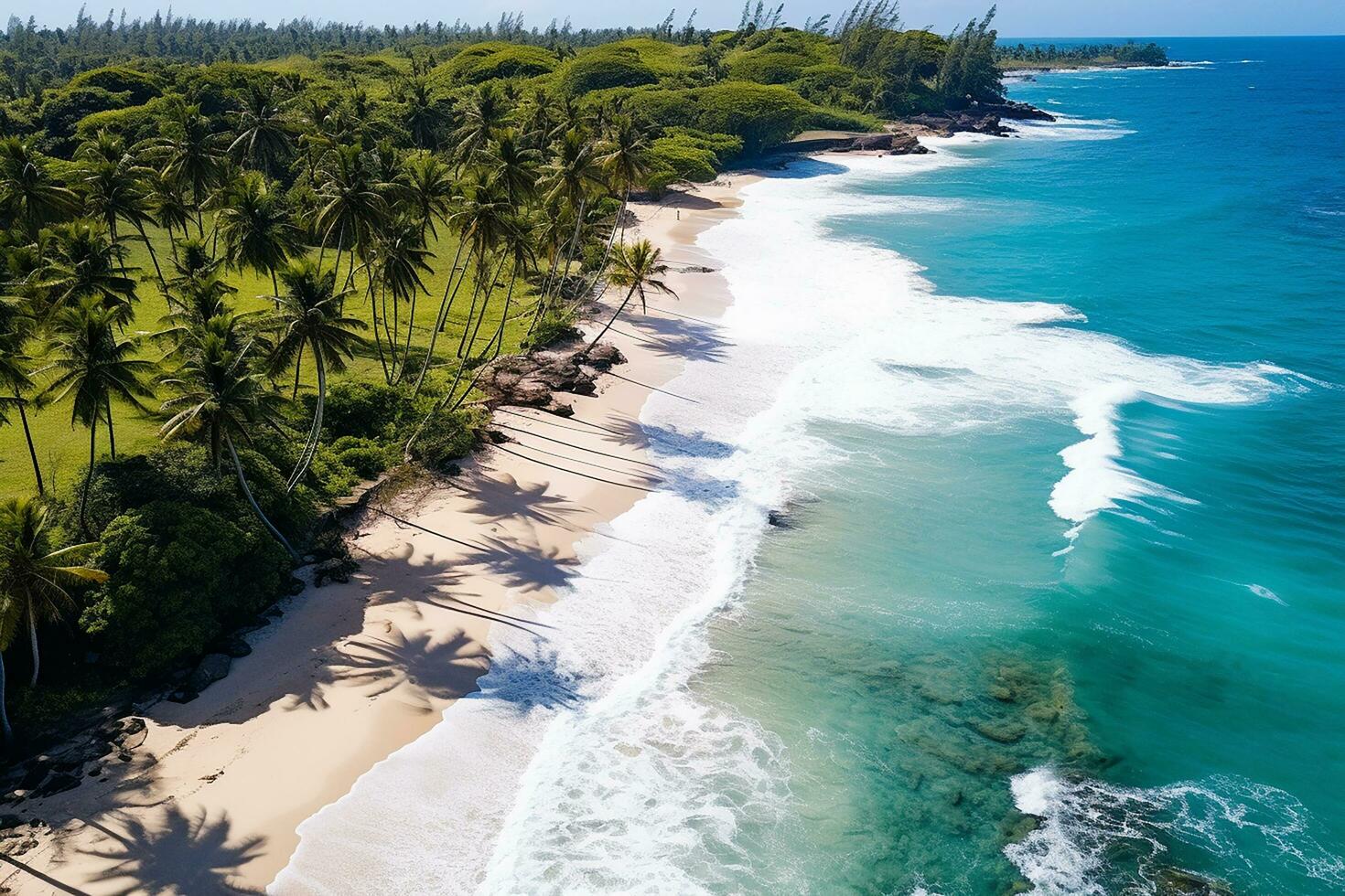 AI generated Aerial view of road, rocky sea coast with waves and stones at sunset Landscape with beautiful road, transparent blue water, rocks. Top view from drone of highway in summer photo