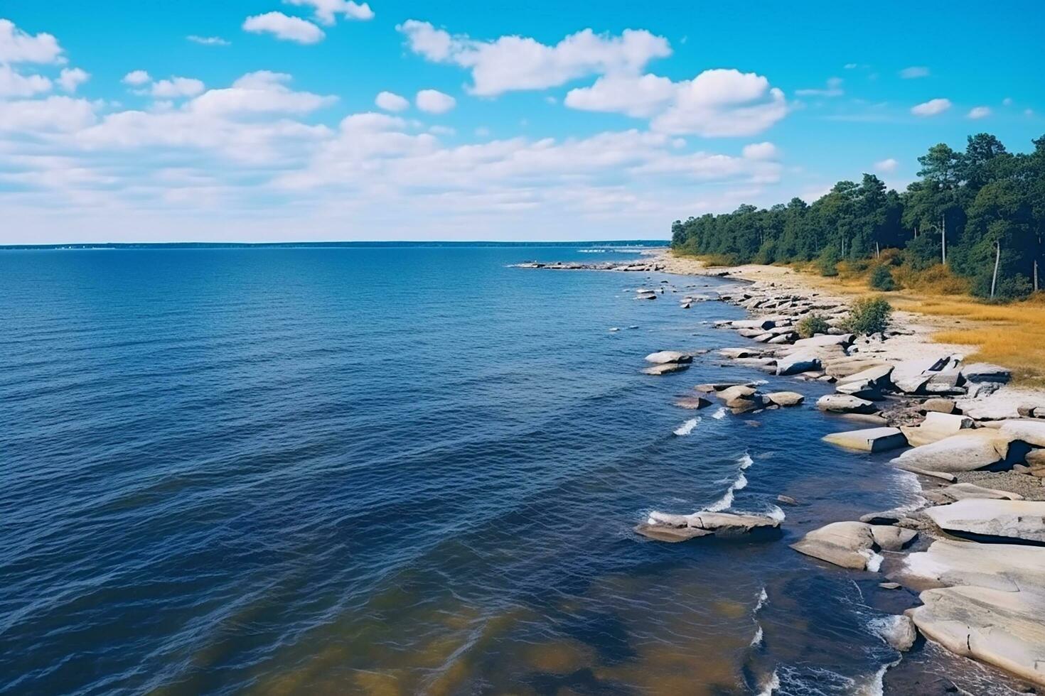 AI generated Aerial view of road, rocky sea coast with waves and stones at sunset Landscape with beautiful road, transparent blue water, rocks. Top view from drone of highway in summer photo