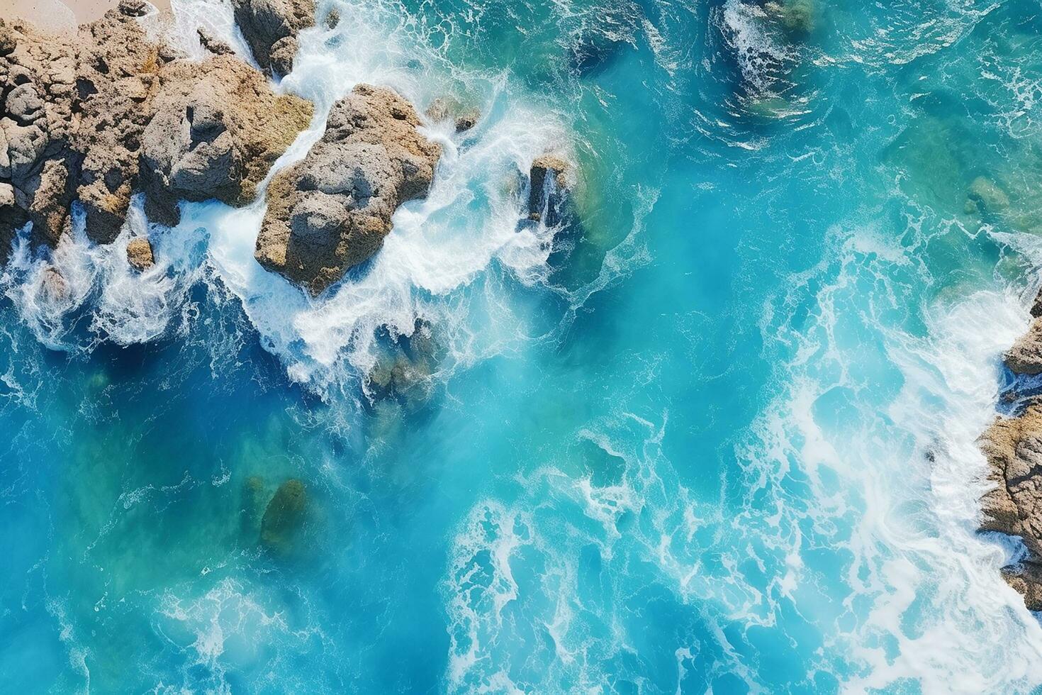 AI generated Aerial view of road, rocky sea coast with waves and stones at sunset Landscape with beautiful road, transparent blue water, rocks. Top view from drone of highway in summer photo