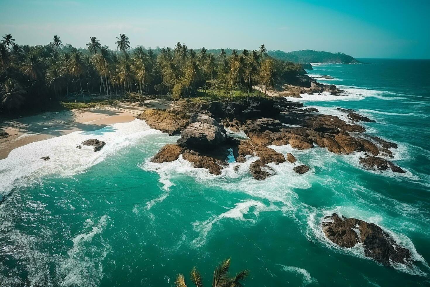 AI generated Aerial view of road, rocky sea coast with waves and stones at sunset Landscape with beautiful road, transparent blue water, rocks. Top view from drone of highway in summer photo