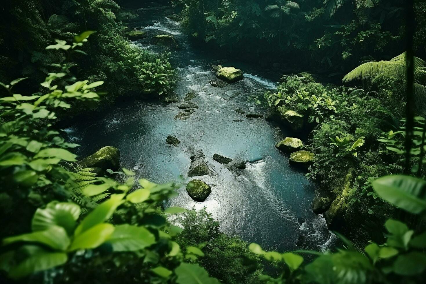 AI generated drone aerial birds eye view of a large green grass forest with tall trees and a big blue bendy river flowing through the forest photo