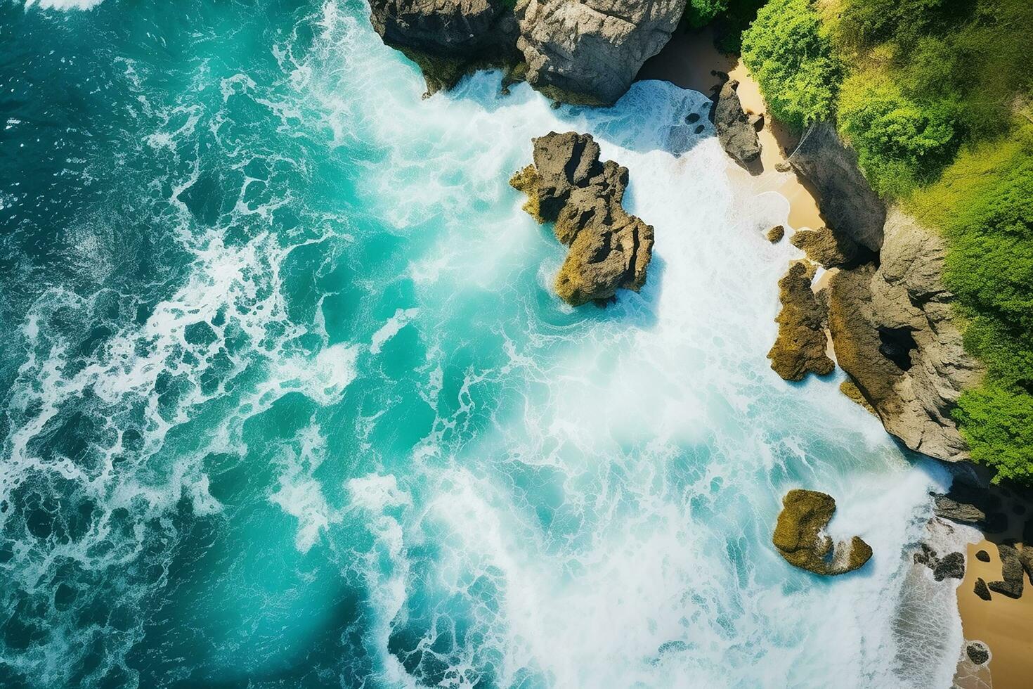 AI generated Aerial view of road, rocky sea coast with waves and stones at sunset Landscape with beautiful road, transparent blue water, rocks. Top view from drone of highway in summer photo