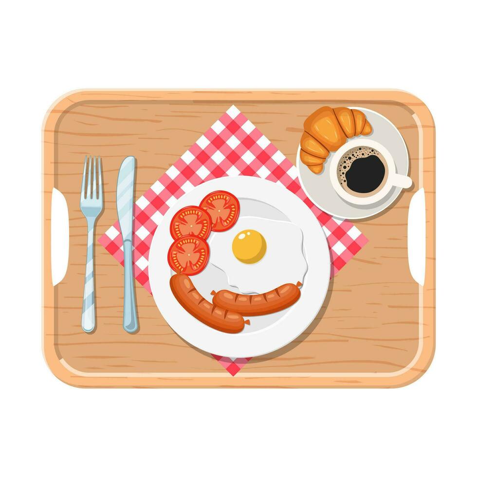 Wooden tray. Breakfast concept. Appetizing delicious breakfast of coffee, fried egg with sausage, croissant. Vector illustration in flat style