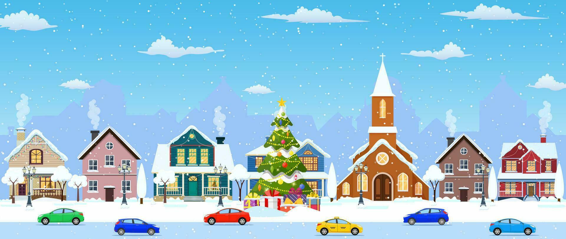 contento nuevo año y alegre Navidad invierno antiguo pueblo calle. Navidad pueblo ciudad sin costura frontera panorama. vector ilustración en plano estilo.