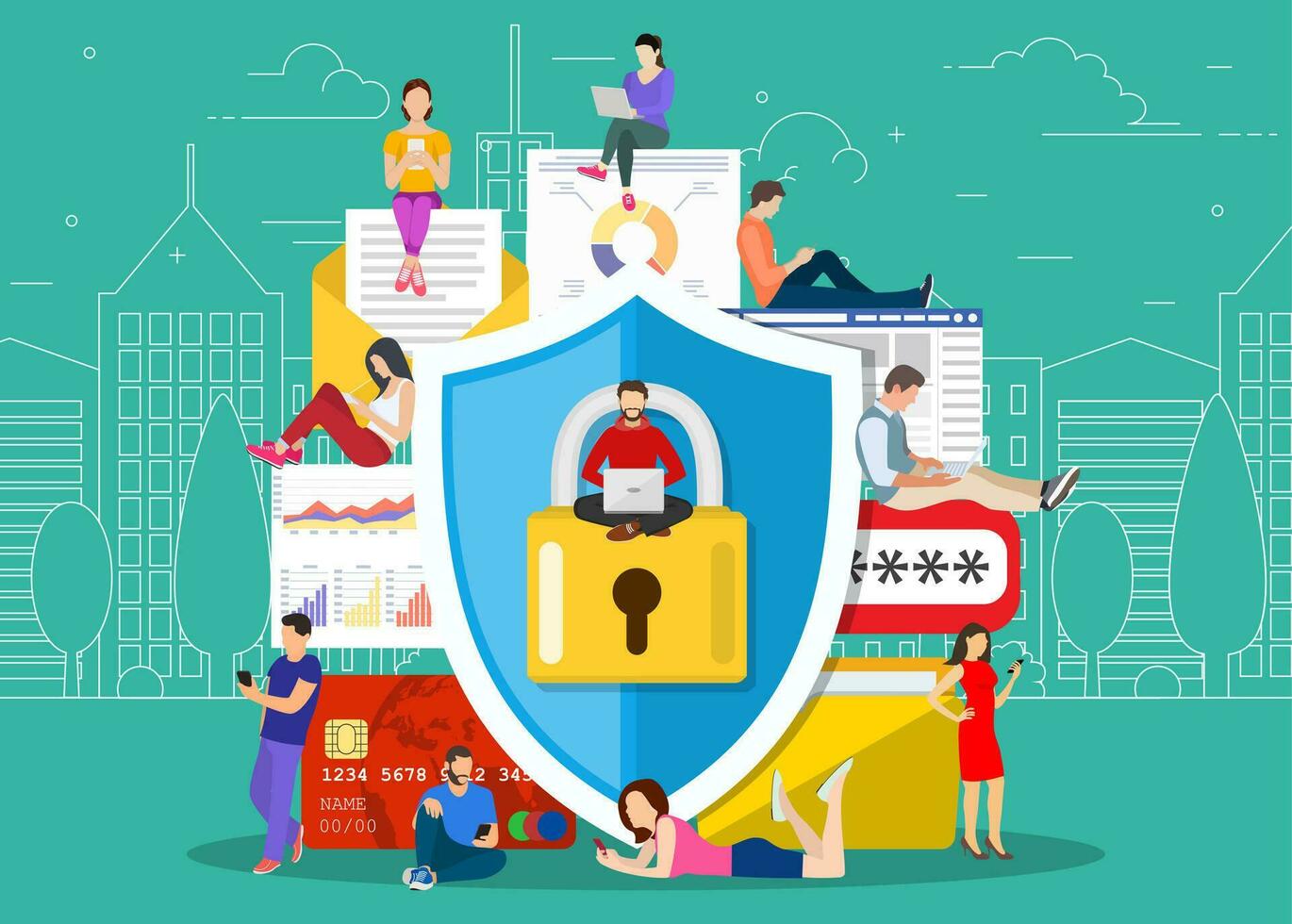 Data protection concept.Safety and confidential data protection, concept with characters. Internet security. Vector illustration in flat style