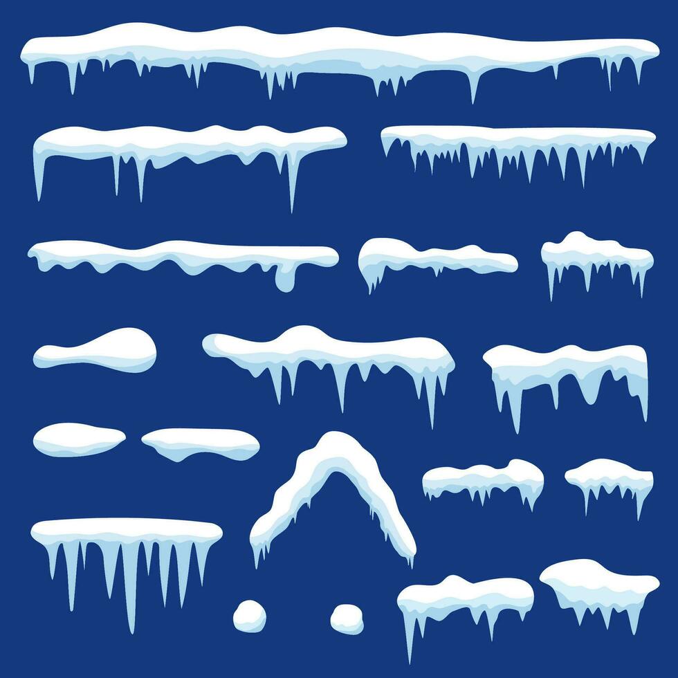 Icicles set on site menu bar and buttons. New year snowflakes decoration kit for website. Snow caps. Vector illustration in flat style