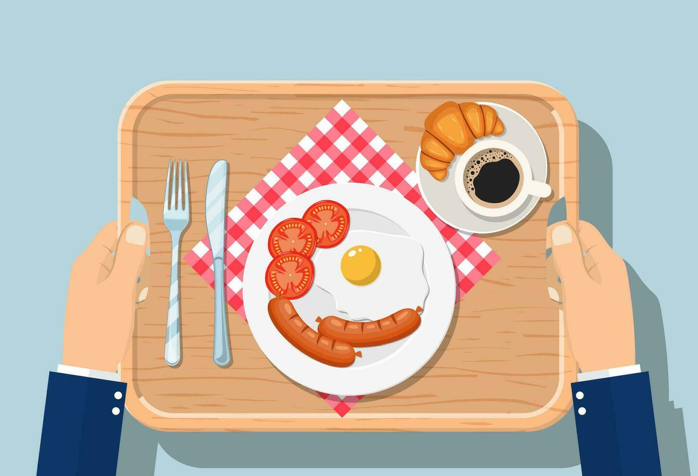 Top view of breakfast on wooden tray. Appetizing delicious breakfast coffee, fried egg with sausage, croissant vector