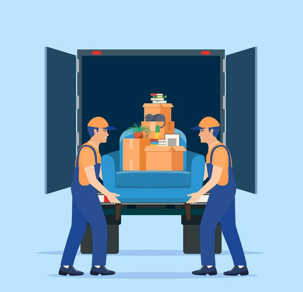 Moviente Servicio y entrega compañía. entrega personaje hombre motores llevar sofá con grande caja de cartón cartulina caja. entrega camión y reubicación Servicio concepto. vector ilustración en plano estilo