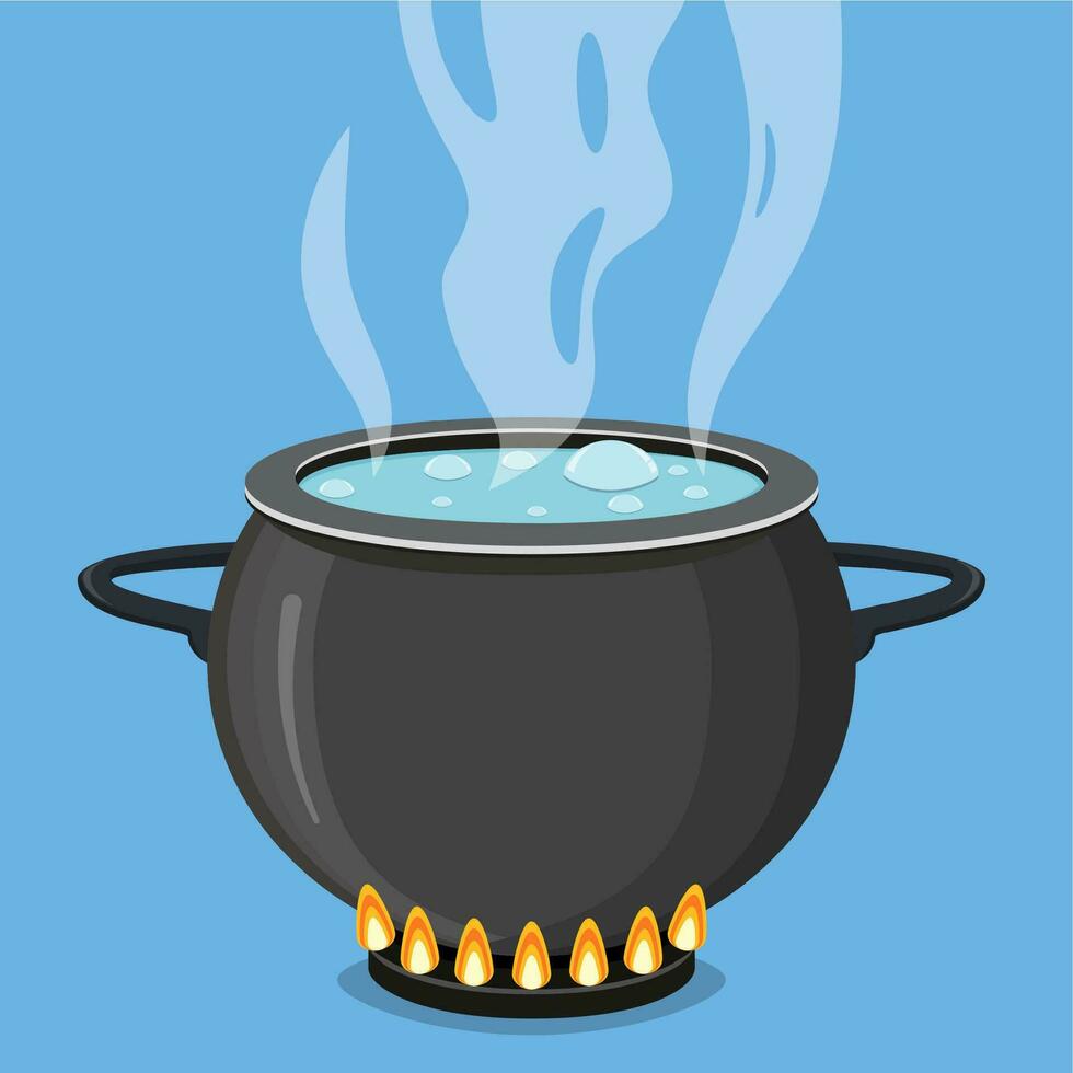 Boiling water in black pan. Cooking concept vector