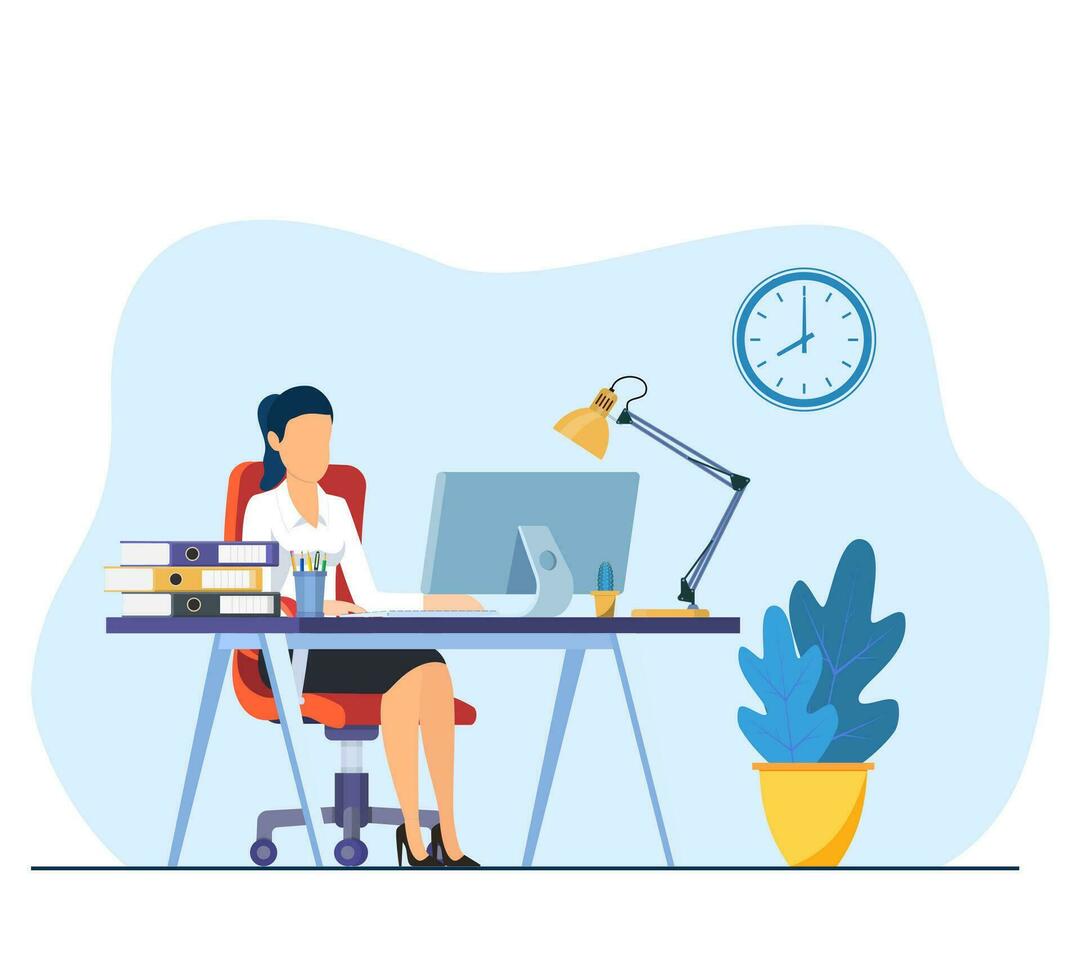 Businesswoman sitting at desk working on computer in office. Office worker working paperwork. Computer on table. Vector illustration in flat style