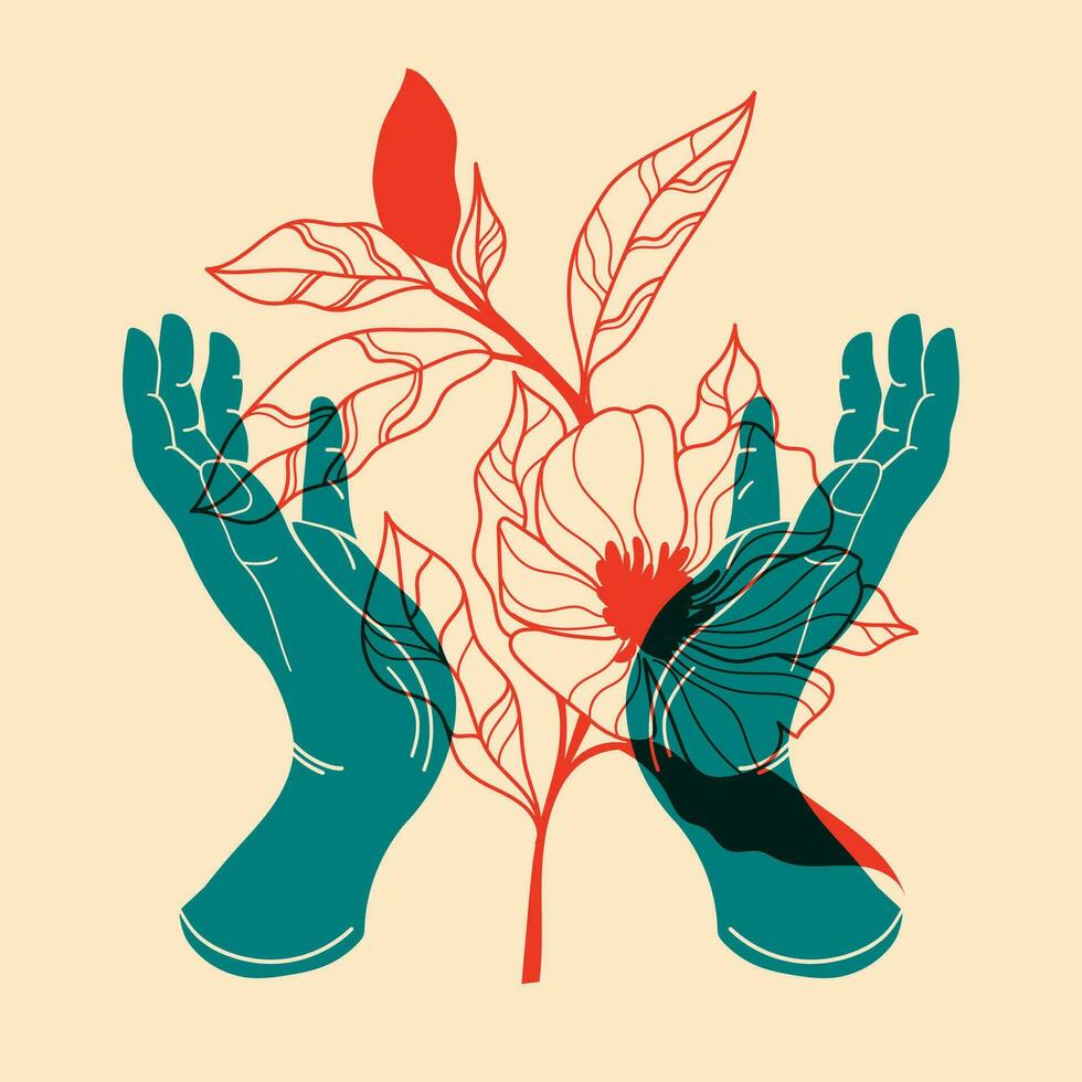 Flowers in hands. Vector illustration in a minimalist style  with Riso print effect. Design element for advertising, posters, prints for clothing, banners, covers