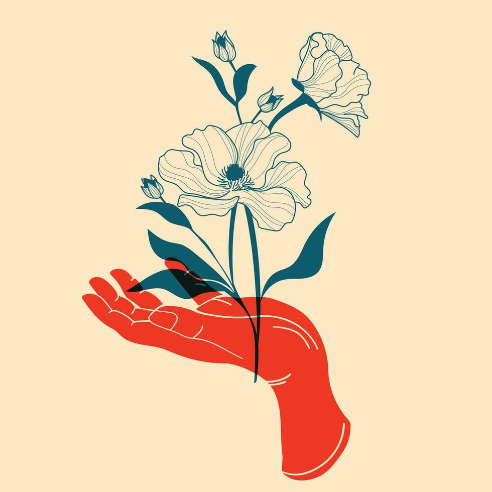 Flowers in hands. Vector illustration in a minimalist style  with Riso print effect. Design element for advertising, posters, prints for clothing, banners, covers