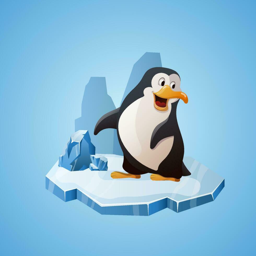 linda pingüino en el glaciar. vector ilustración en dibujos animados estilo. diseño elemento para carteles, huellas dactilares para ropa, pancartas, cubiertas, sitios web, social redes, logo, tarjeta postal