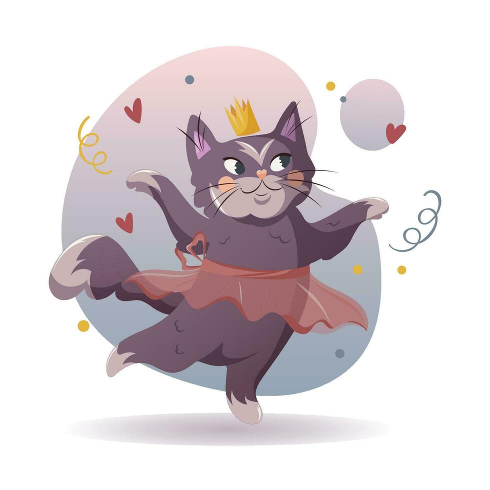 A dancing cat in a tutu and a crown. Vector illustration in cartoon style
