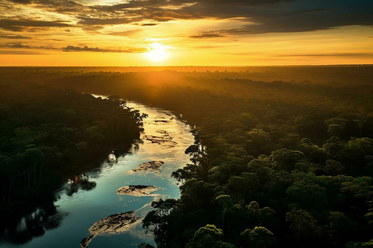 AI generated drone aerial birds eye view of a large green grass forest with tall trees and a big blue bendy river flowing through the forest photo