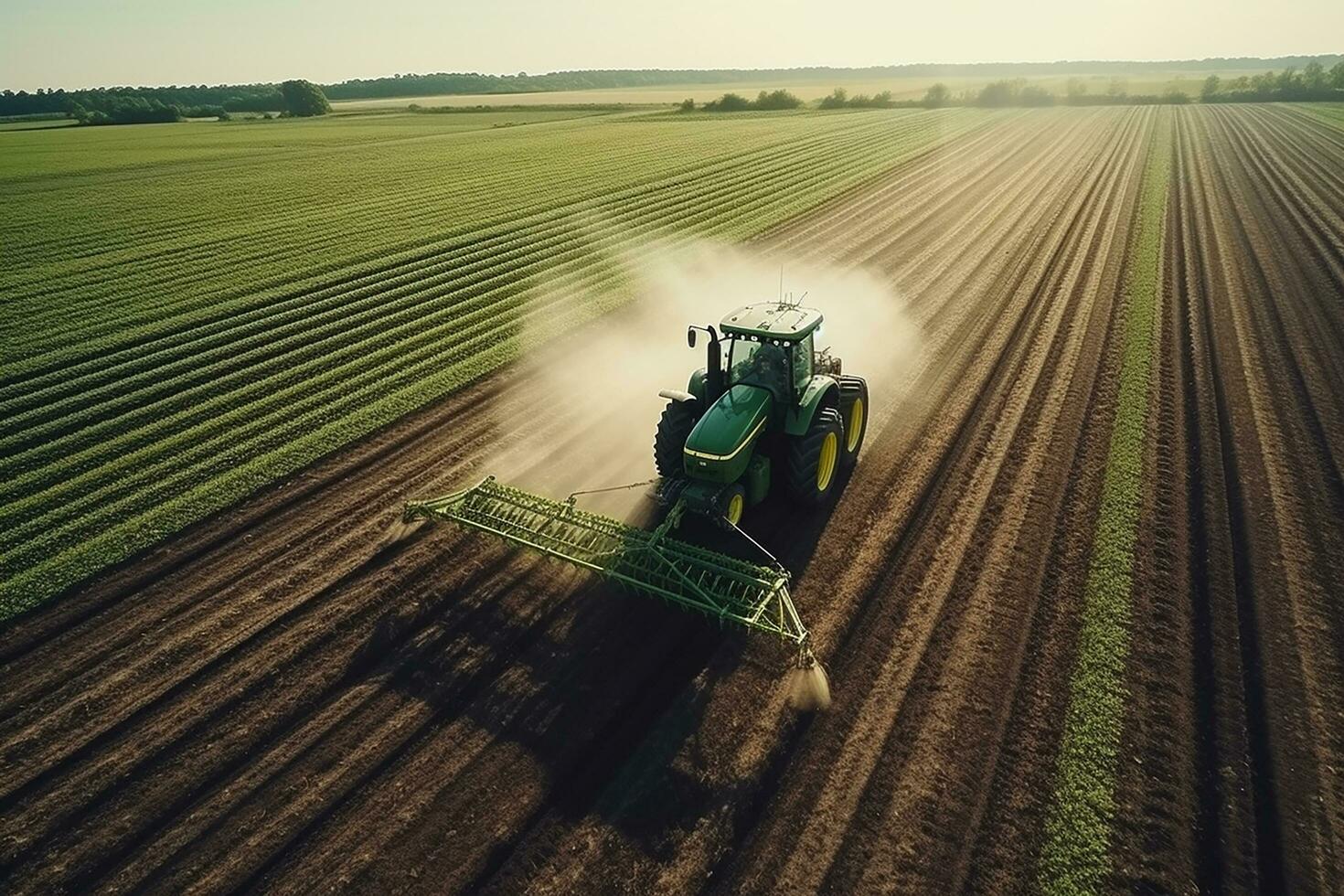 AI generated Harvester machine working in field . Combine harvester agriculture machine harvesting golden ripe wheat field. Agriculture. Aerial view. From above. photo