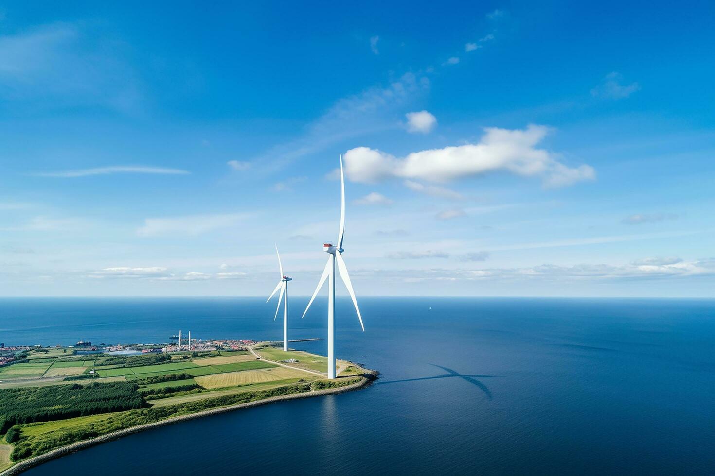 AI generated Windmill park in the ocean, drone aerial view of windmill turbines generating green energy electric, windmills isolated at sea photo