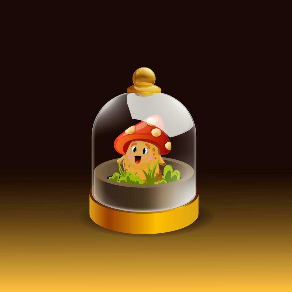 Cute, cartoon, magical Mushroom in a glass flask, ball. Vector illustration