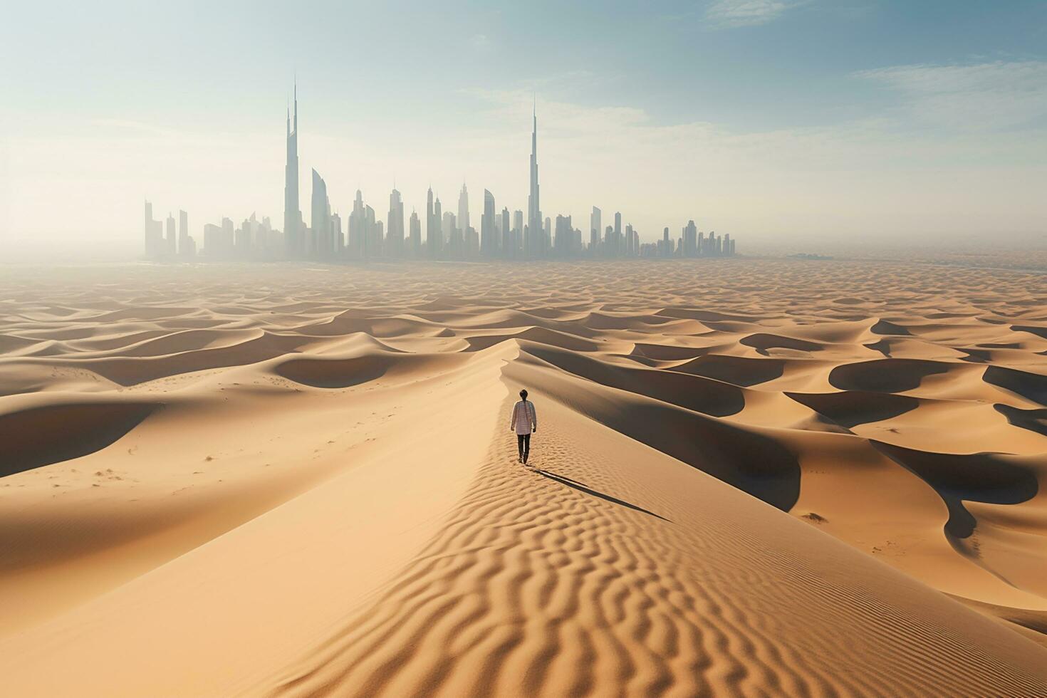 AI generated Arabic man with traditional emirates clothes walking in the desert and Dubai skyline in the background photo