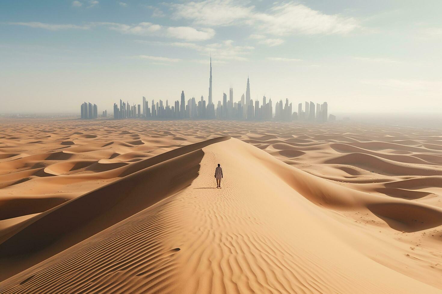 AI generated Arabic man with traditional emirates clothes walking in the desert and Dubai skyline in the background photo