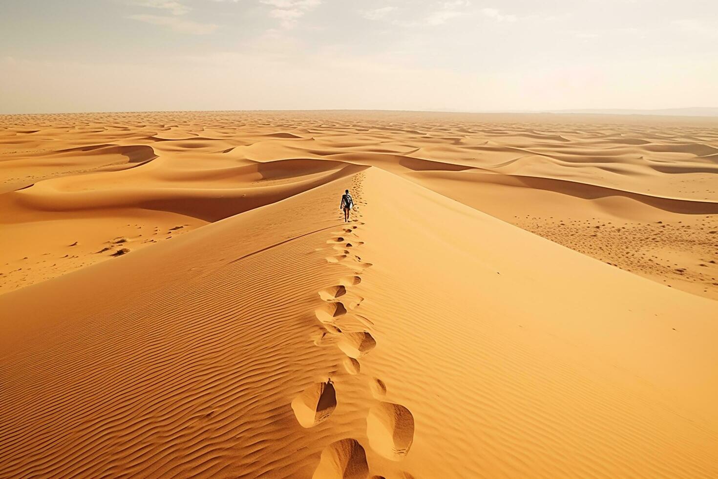 AI generated Arabic man with traditional emirates clothes walking in the desert and Dubai skyline in the background photo