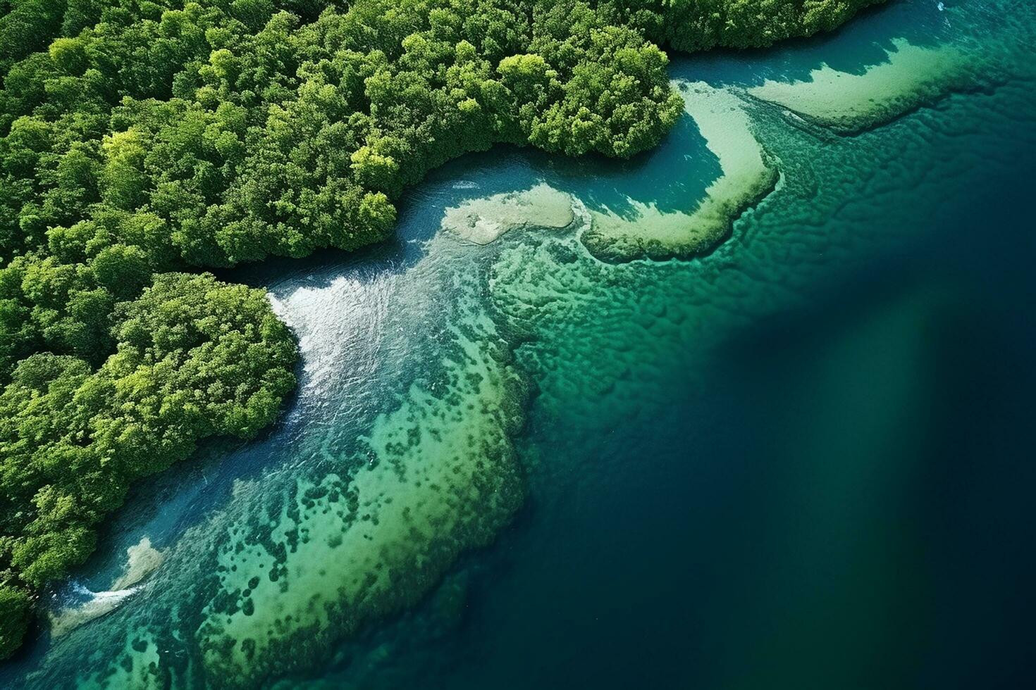 AI generated drone aerial birds eye view of a large green grass forest with tall trees and a big blue bendy river flowing through the forest photo