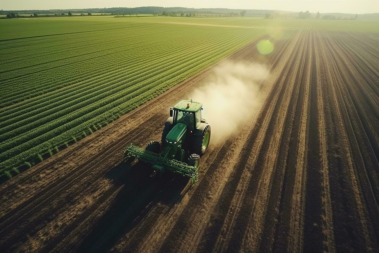 AI generated Harvester machine working in field . Combine harvester agriculture machine harvesting golden ripe wheat field. Agriculture. Aerial view. From above. photo