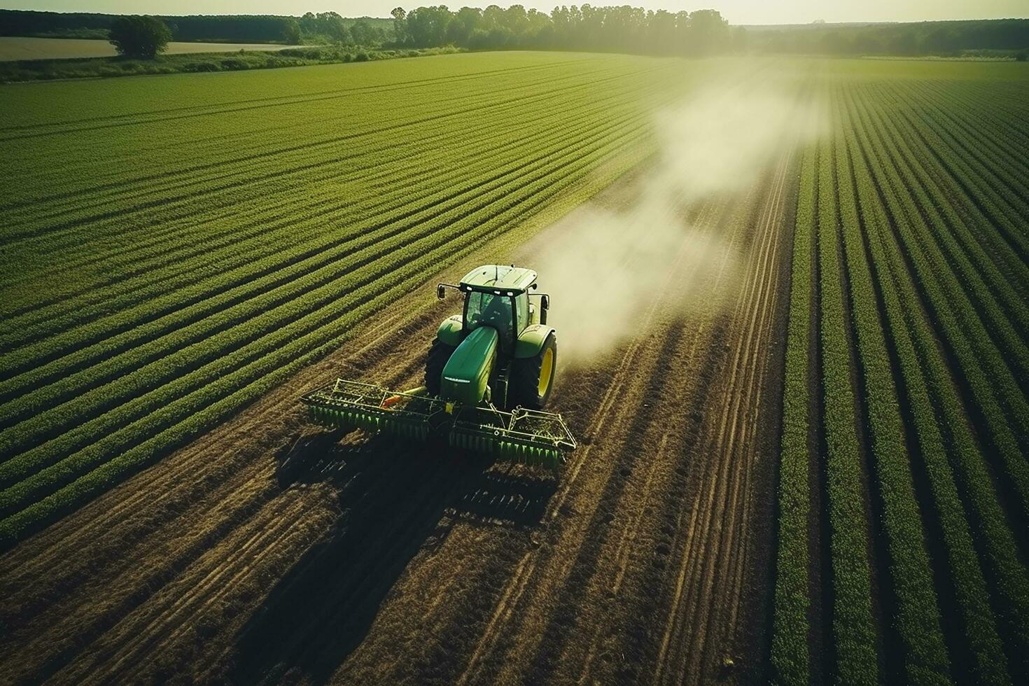 AI generated Harvester machine working in field . Combine harvester agriculture machine harvesting golden ripe wheat field. Agriculture. Aerial view. From above. photo