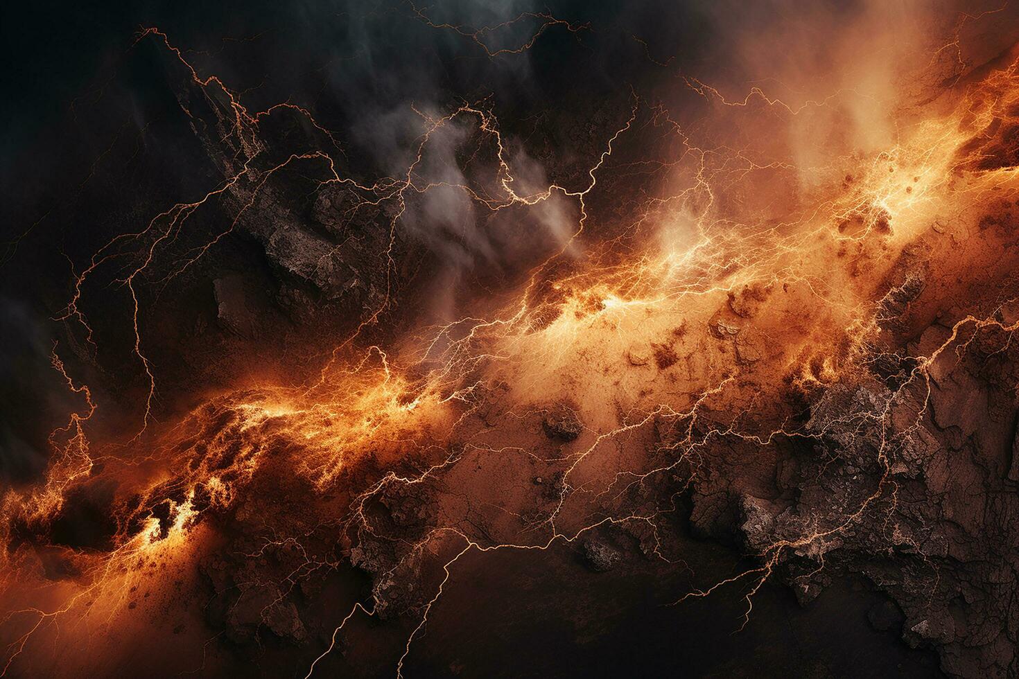 AI generated Aerial view of lava flowing from Volcano during an eruption on volcanic area at night photo