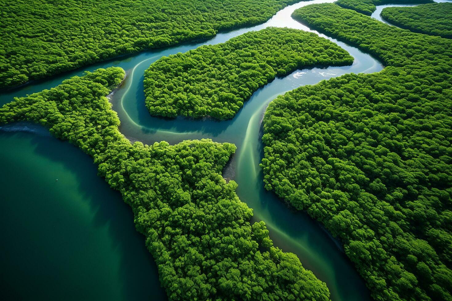 AI generated drone aerial birds eye view of a large green grass forest with tall trees and a big blue bendy river flowing through the forest photo