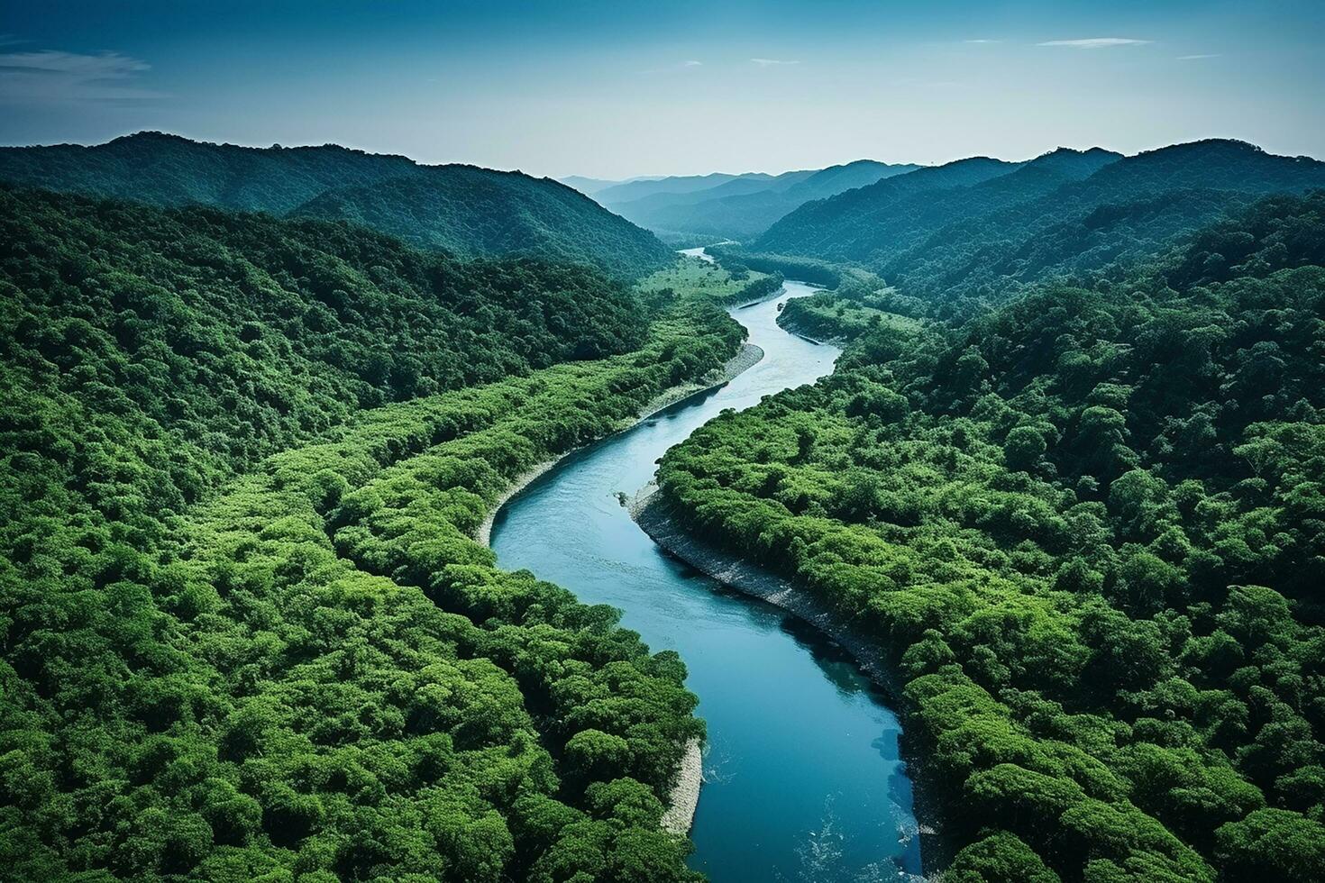 AI generated drone aerial birds eye view of a large green grass forest with tall trees and a big blue bendy river flowing through the forest photo