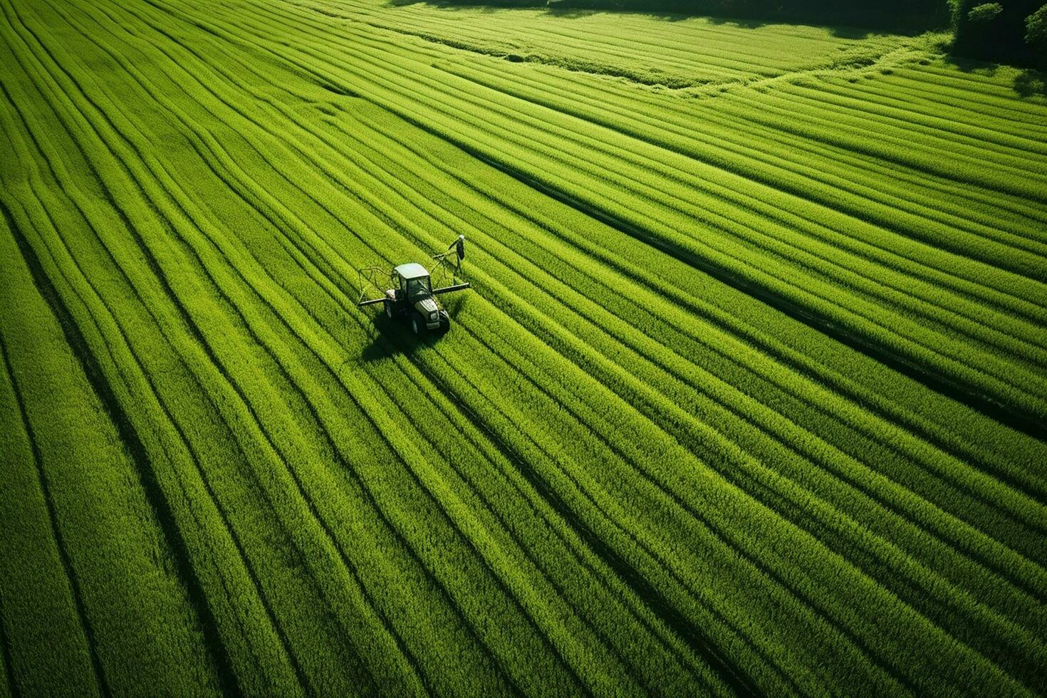 AI generated Taking care of the Crop. Aerial view of a Tractor fertilizing a cultivated agricultural field. photo