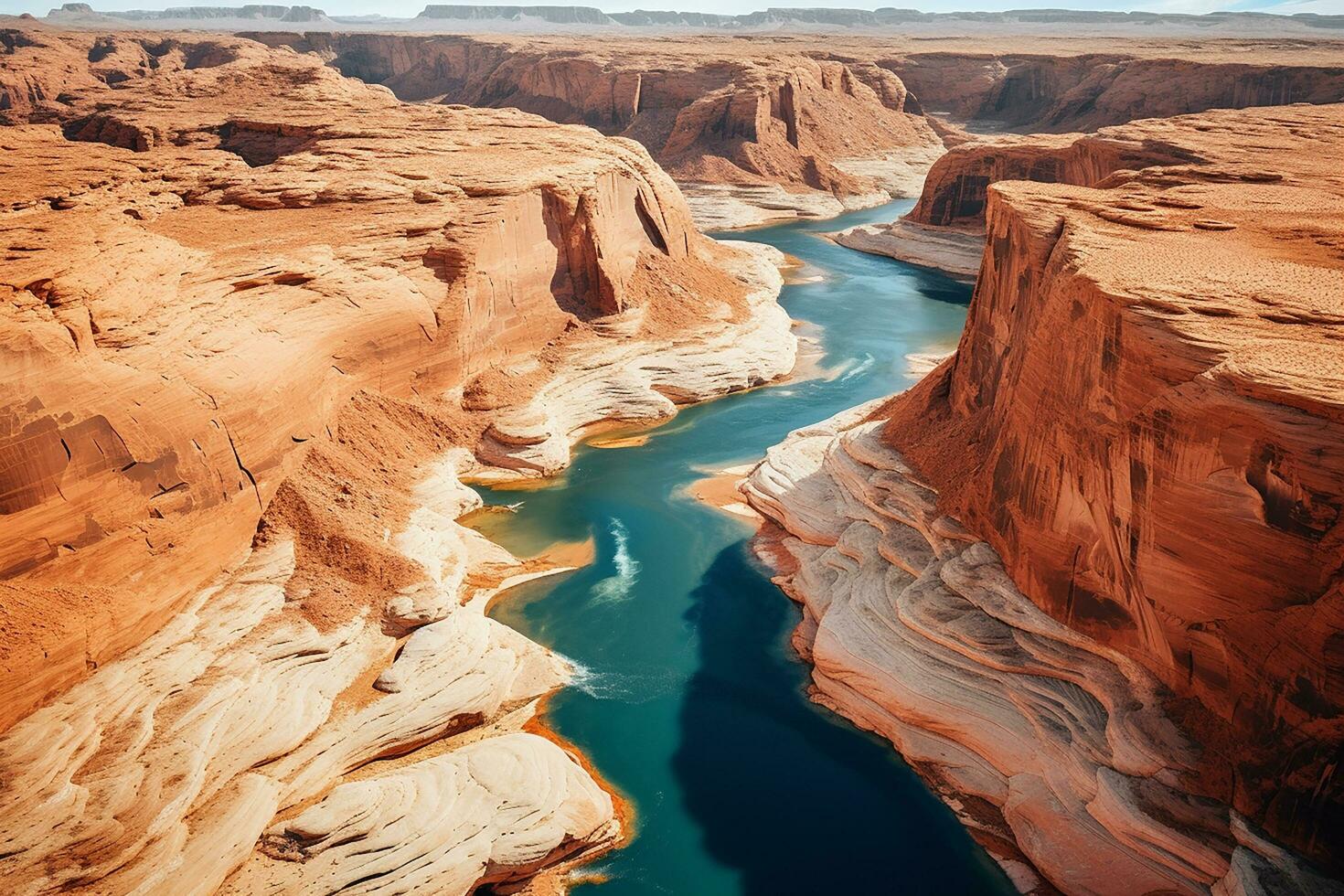 AI generated aerial birds eye view of a large and tall mountains and a big blue bendy river flowing through the mountains photo