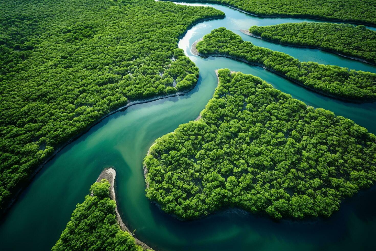 AI generated drone aerial birds eye view of a large green grass forest with tall trees and a big blue bendy river flowing through the forest photo