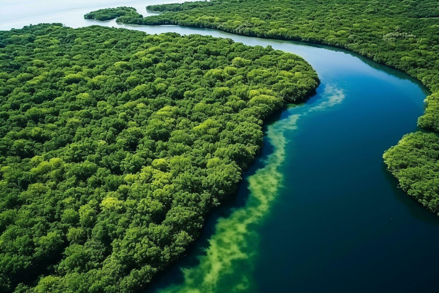 AI generated drone aerial birds eye view of a large green grass forest with tall trees and a big blue bendy river flowing through the forest photo