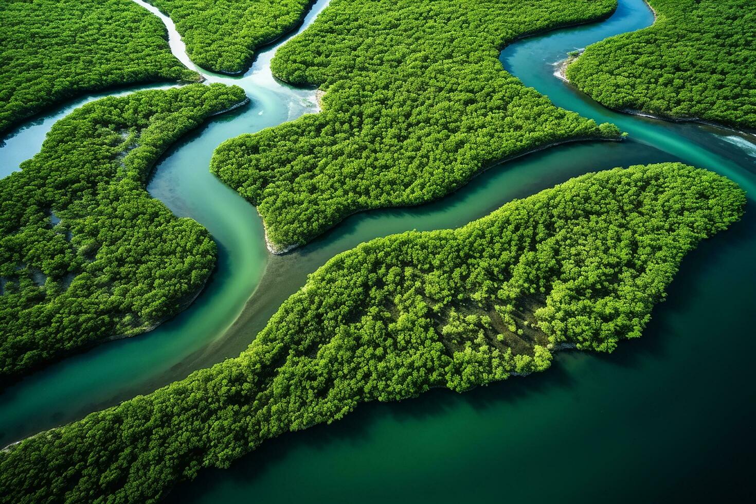 AI generated drone aerial birds eye view of a large green grass forest with tall trees and a big blue bendy river flowing through the forest photo