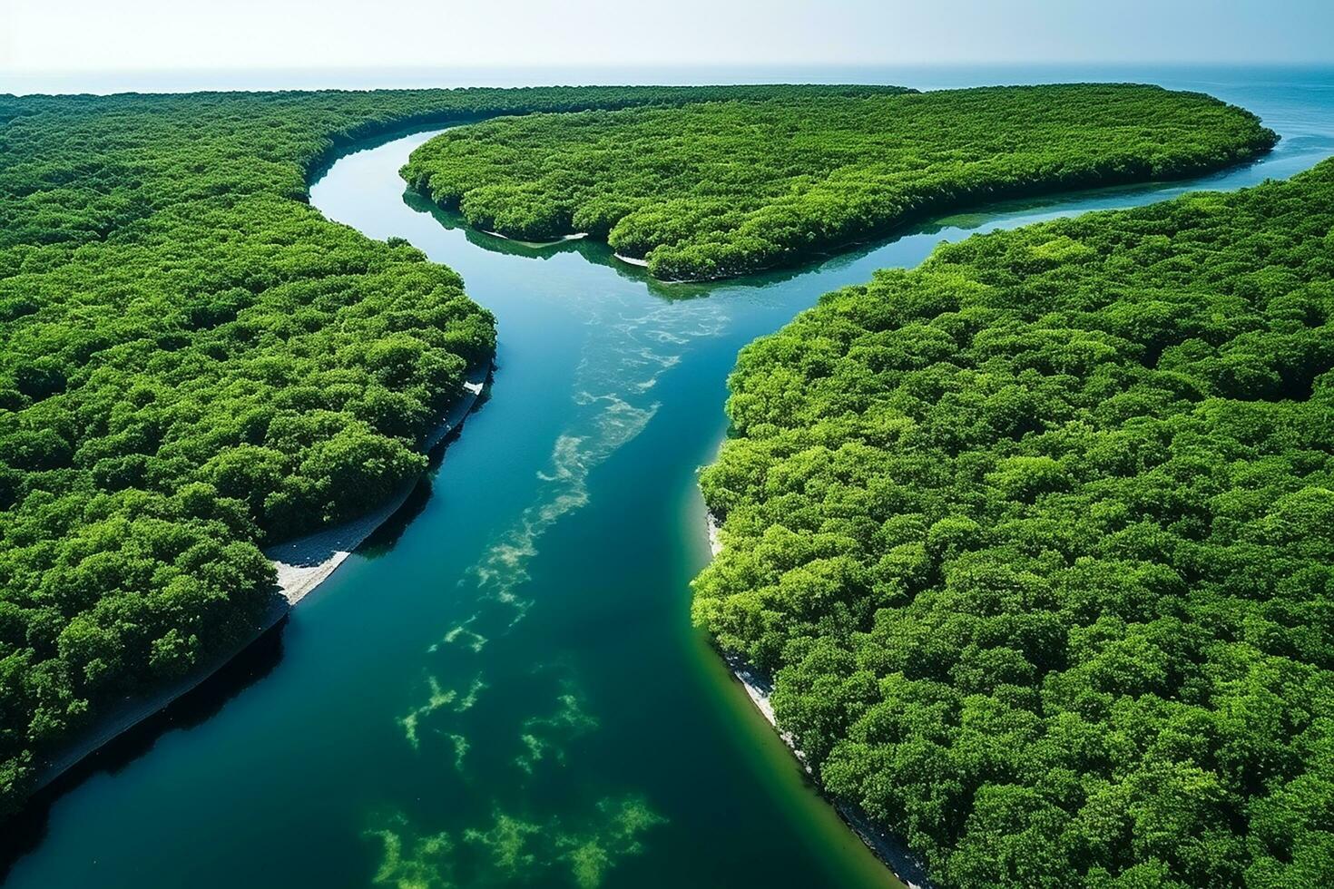 AI generated drone aerial birds eye view of a large green grass forest with tall trees and a big blue bendy river flowing through the forest photo